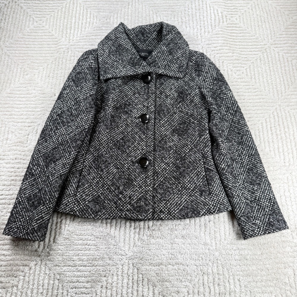 Talbots Jacket Womens 2P Black White Wool Blend Academia Preppy Classic Winter